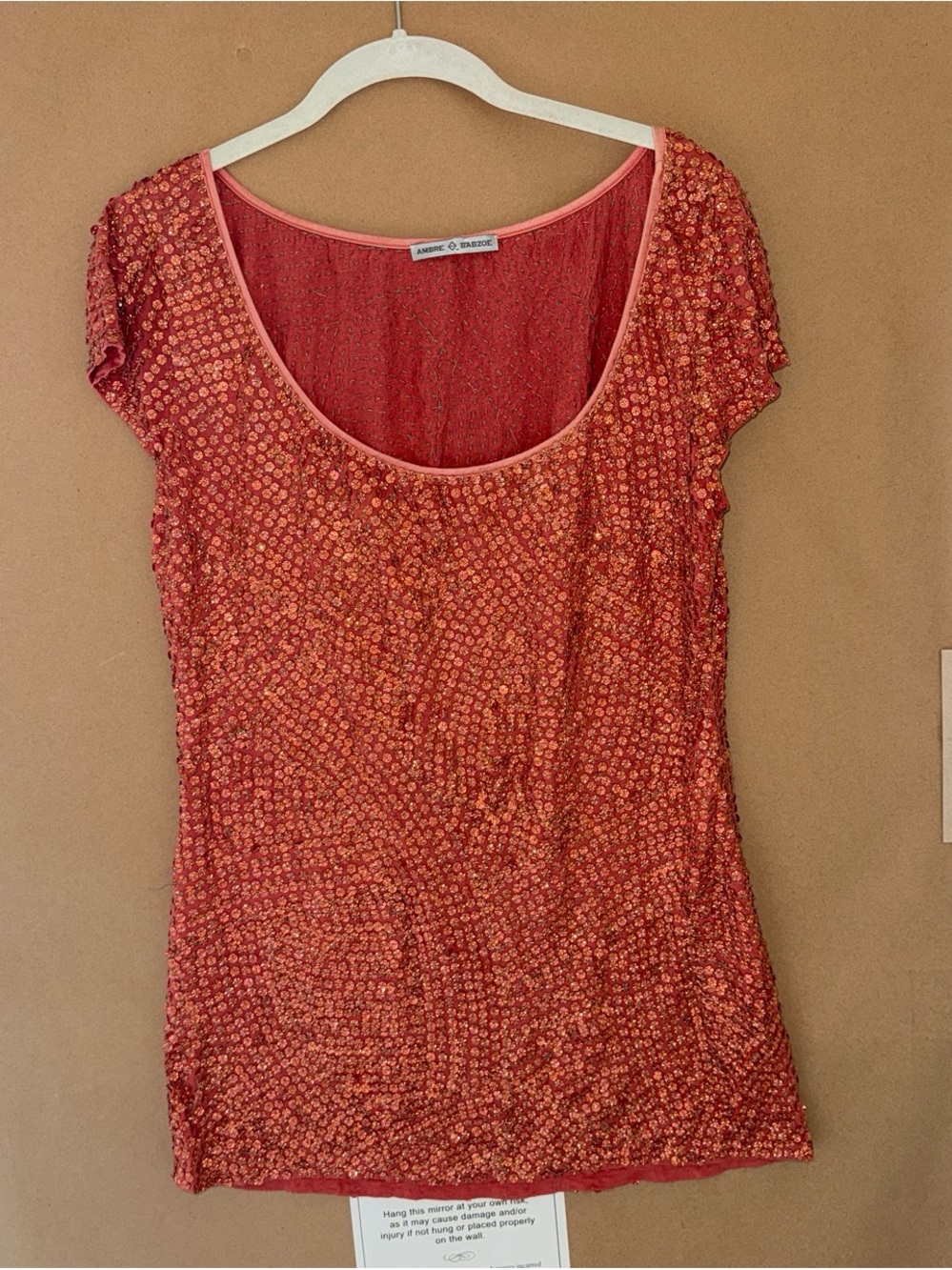 Embellished Coral Sequin Scoop Neck Short Sleeve Top